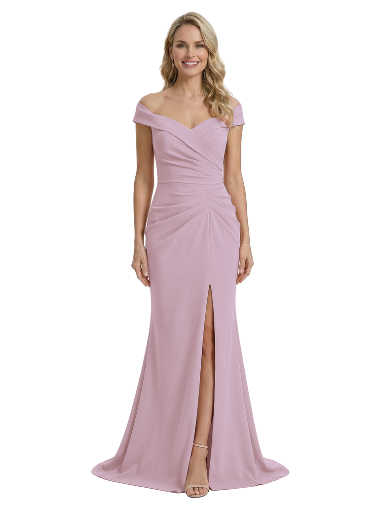 Glam Off Shoulder Sleeveless Mother of The Bride Dress Crepe Side Slit Mermaid Maxi Gown