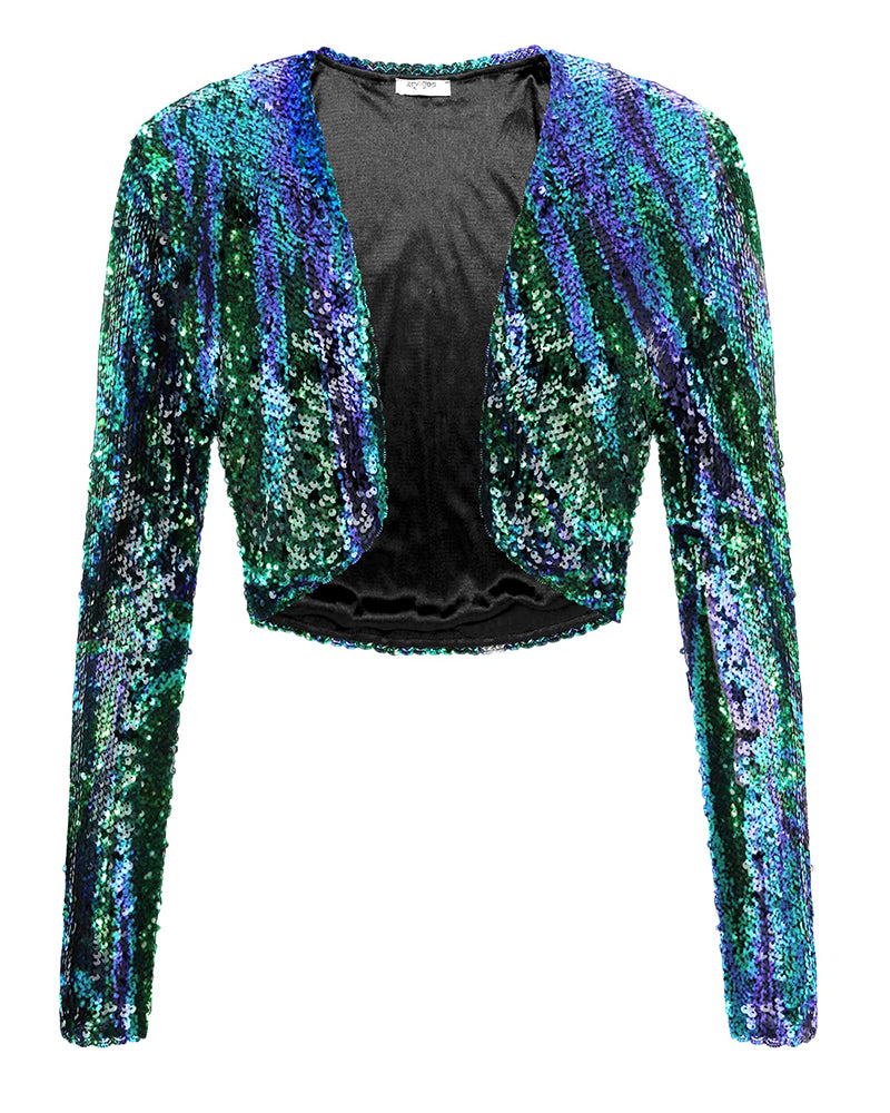 Sequin Shrug Glitter Bolero Jackets with Sparkly Blazer Long Sleeve Cropped Cardigan - Zeagoo- Mermaid M