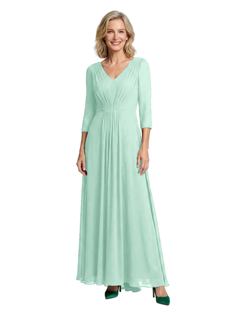 V-Neck A-Line Mother Of The Bride Dress Sleeves Maxi Gown Formal Wedding Attire