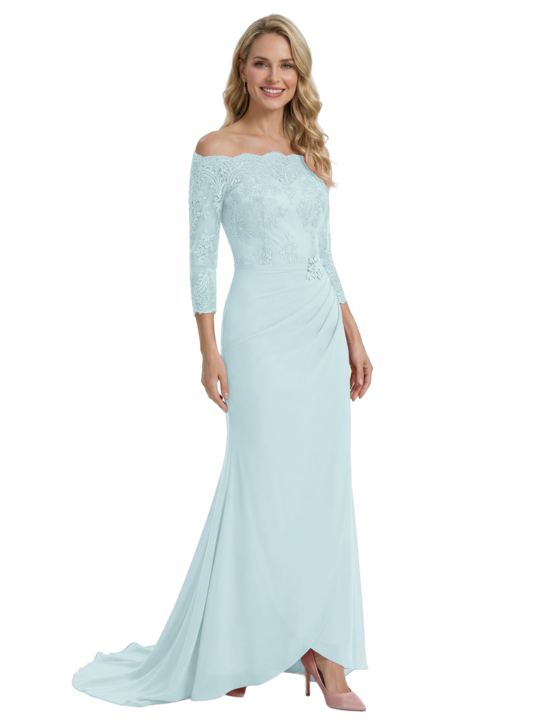 Elegant Off Shoulder Sleeves Mermaid Chiffon Mother Of The Bride Dress With Lace Appliques