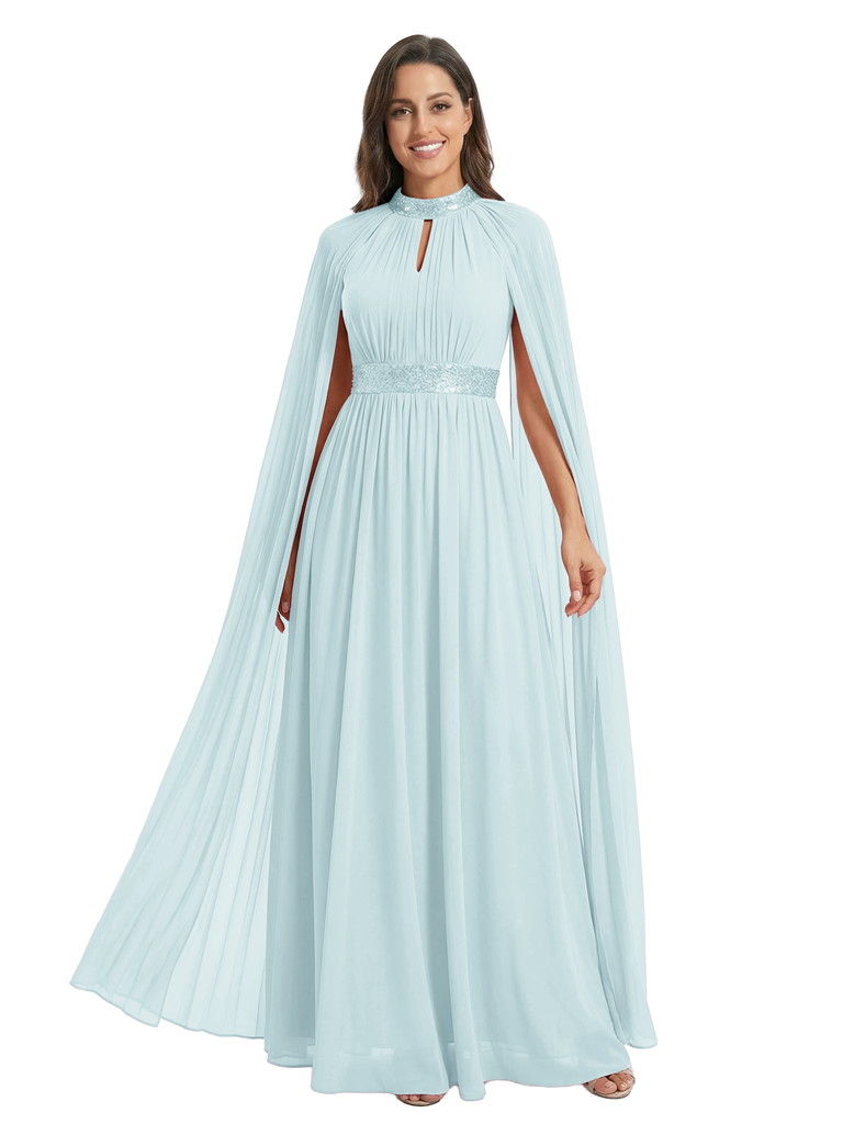 Chicsew Stunning Keyhole Cape Sleeve Sequin Mother of The Bride Dress Long Chiffon Elegant Formal Gown