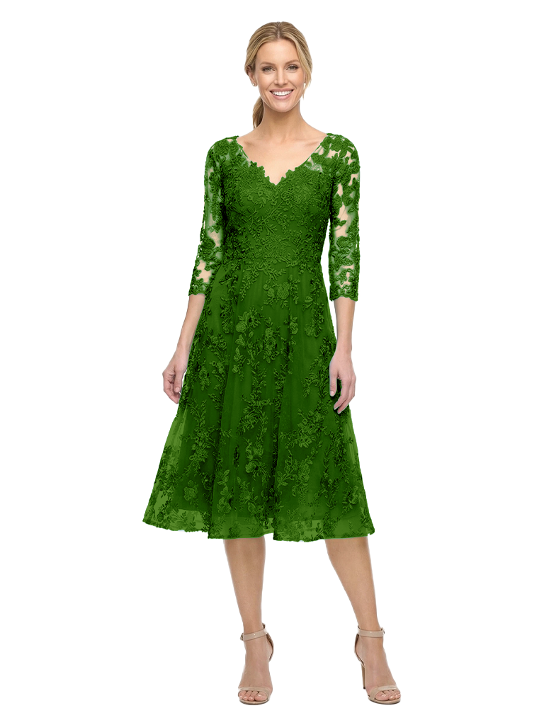 Chicsew Elegant V-Neck Lace Sleeves Knee-Length A-Line Chiffon Mother of The Bride Dress