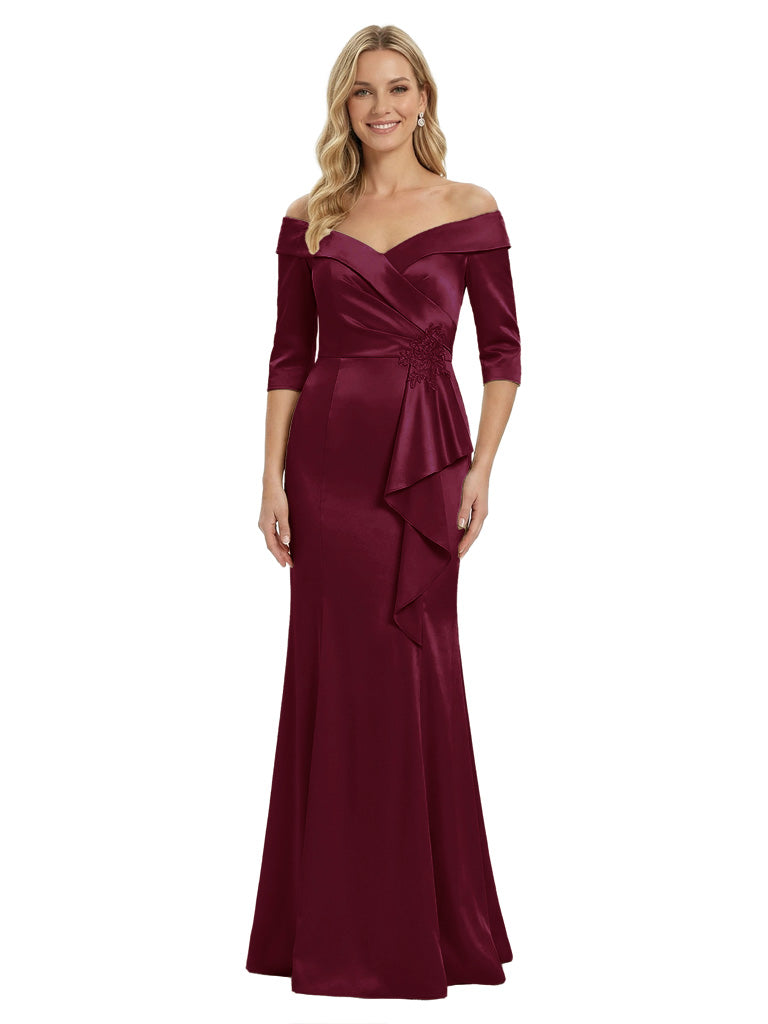 Off The Shoulder Ruffles Satin Mother Of The Groom Dress Sleeves Mermaid Maxi Gown
