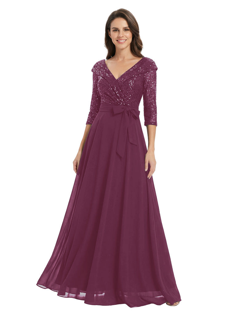 Fancy Sequin Top V-Neck Flowy Chiffon A-Line Mother Of The Bride Dress With Sleeve