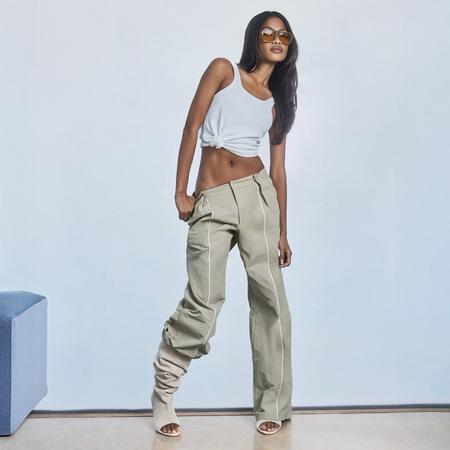 Low Rise Contrast Seam Detail Cargo Wide Leg Trousers In Khaki Green, Women's Size
