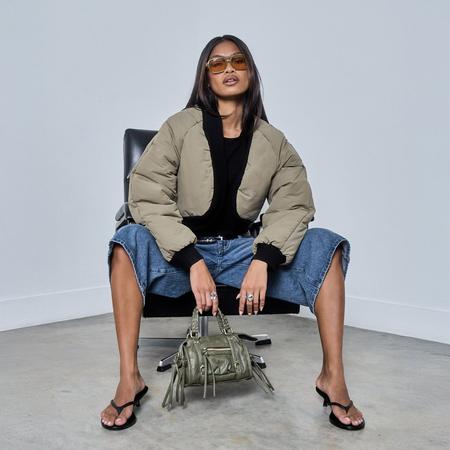 Cropped Rib Edge Detail Puffer Coat In Khaki Green, Women's Size