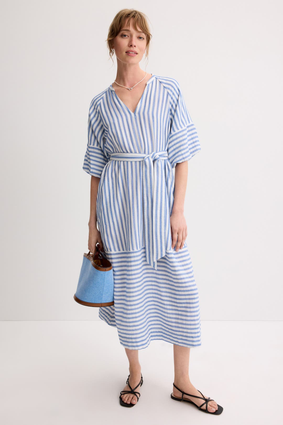 NIC + ZOE Double Gauze Mixed Stripe Dress Blue-white-print