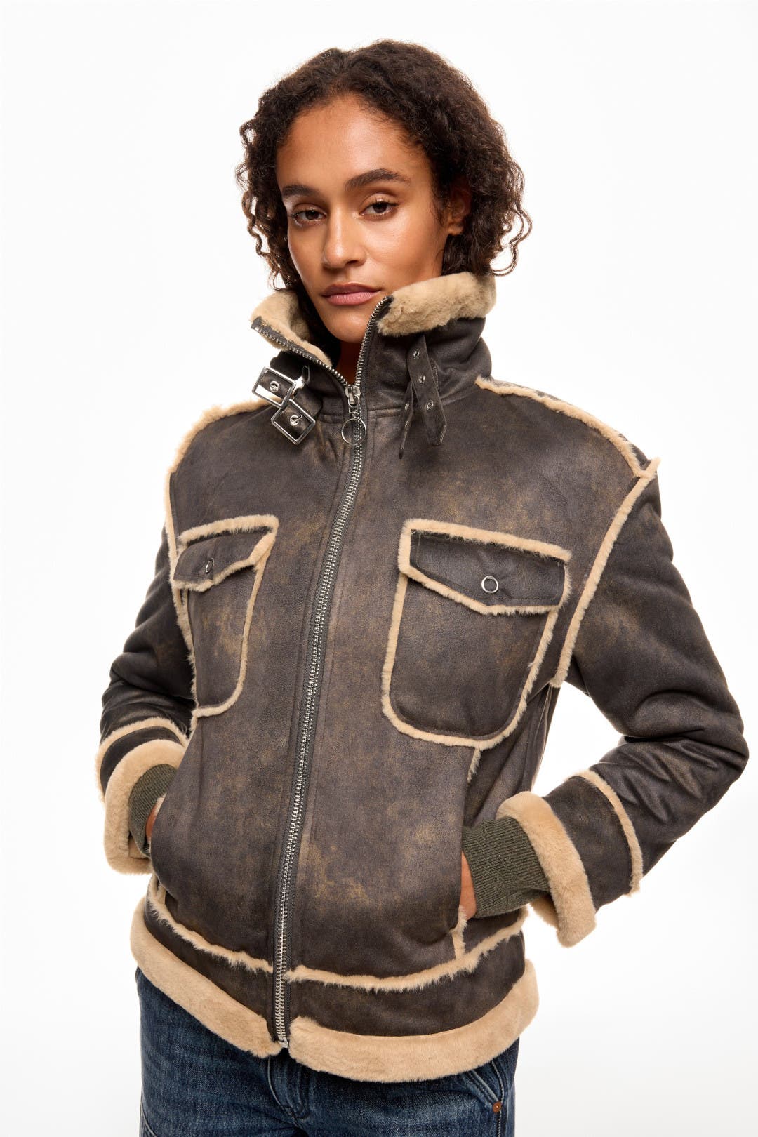 Nvlt Patterned Shearling Biker Jacket Brown-white-print