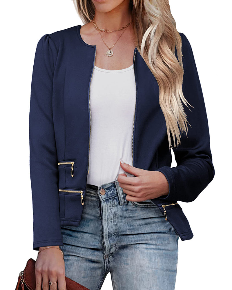 Zeagoo Womens Blazer Cropped Open Front Zipper Dress Jacket O Neck Casual Office Suit Jacket - Navy Blue S
