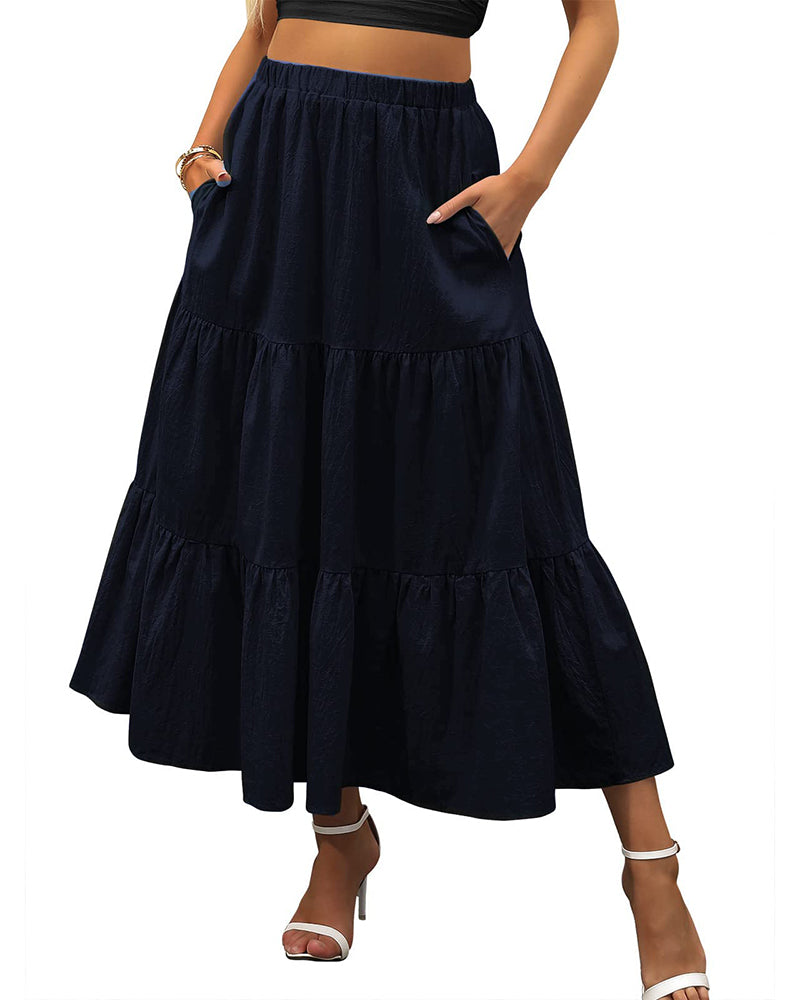Women's Boho Elastic High Waist Ruffle A Line Swing Beach Long Maxi Skirt with Pockets - Zeagoo- Navy Blue S