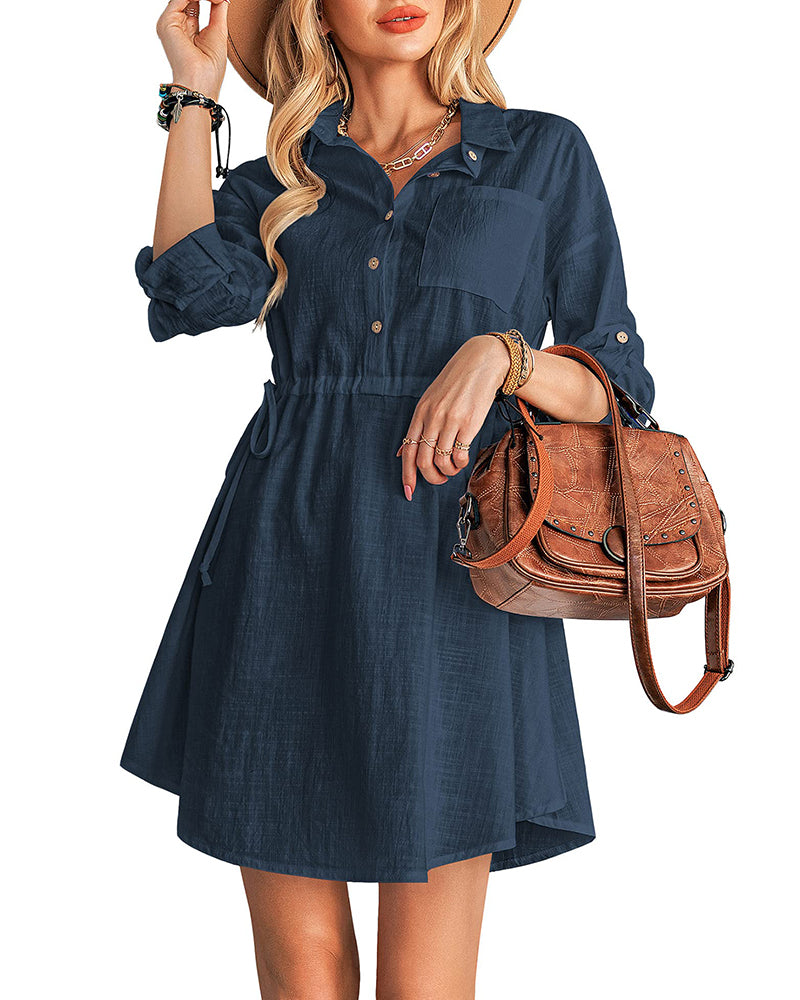 Linen Tunic Dress Shirts Boho Coverup Dresses with Belt - Zeagoo- Navy Blue