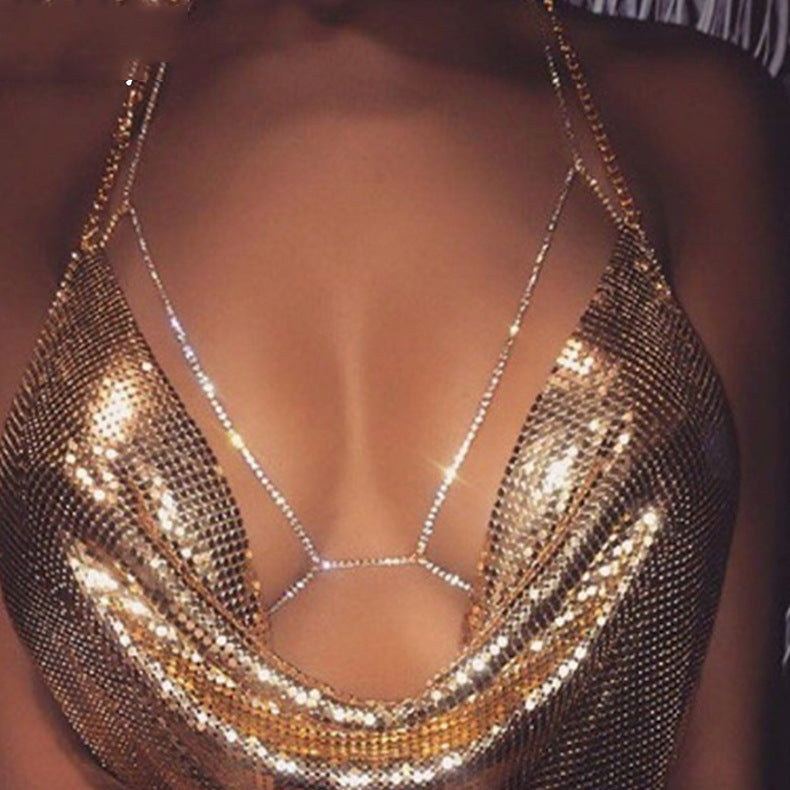 Beach Diamond Chain Chest Chain Sexy Rhinestone Neck Body Chain Bikini Chest Chain - picture color