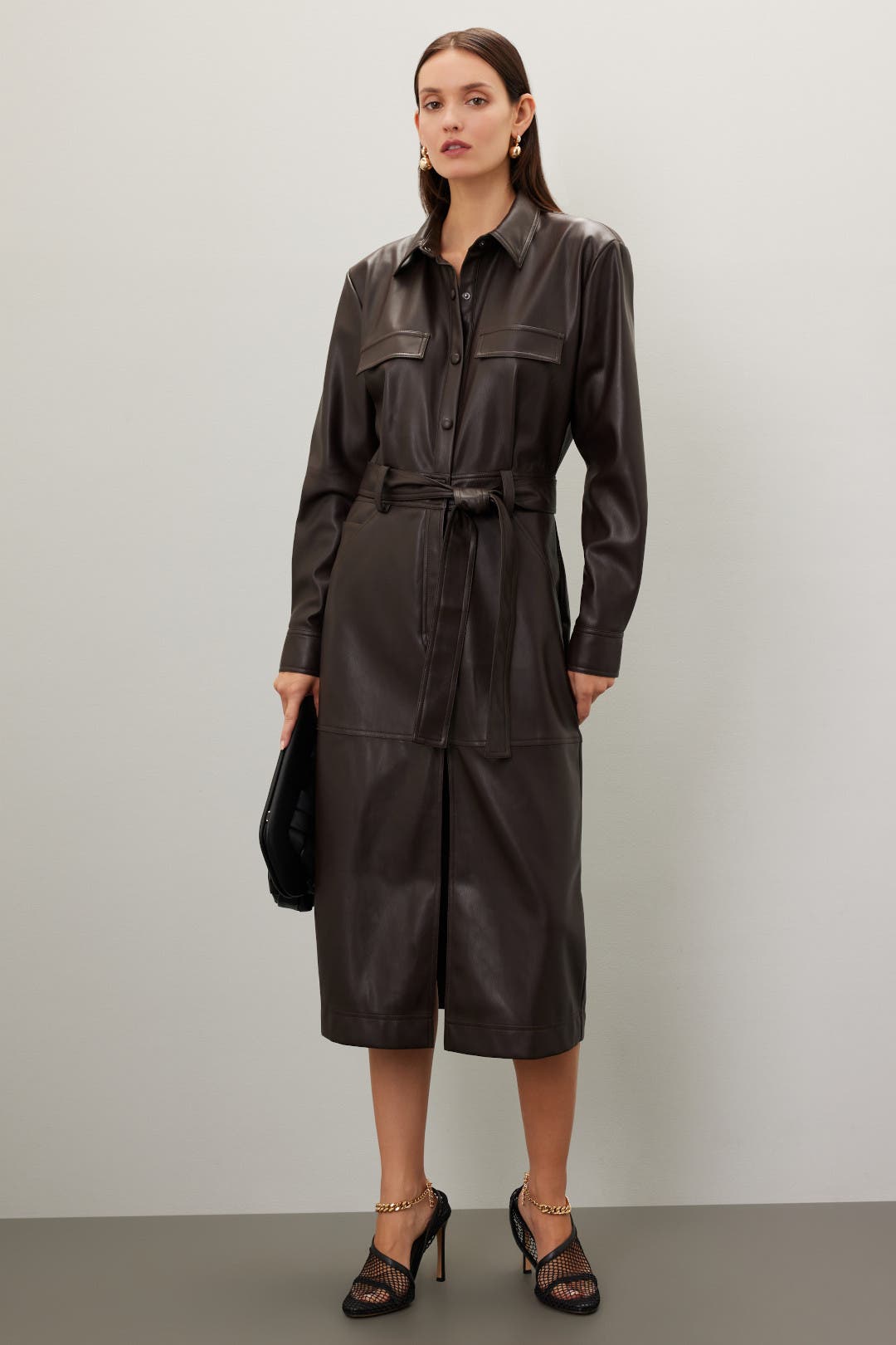 Osman Yousefzada x RTR Faux Leather Midi Dress Brown