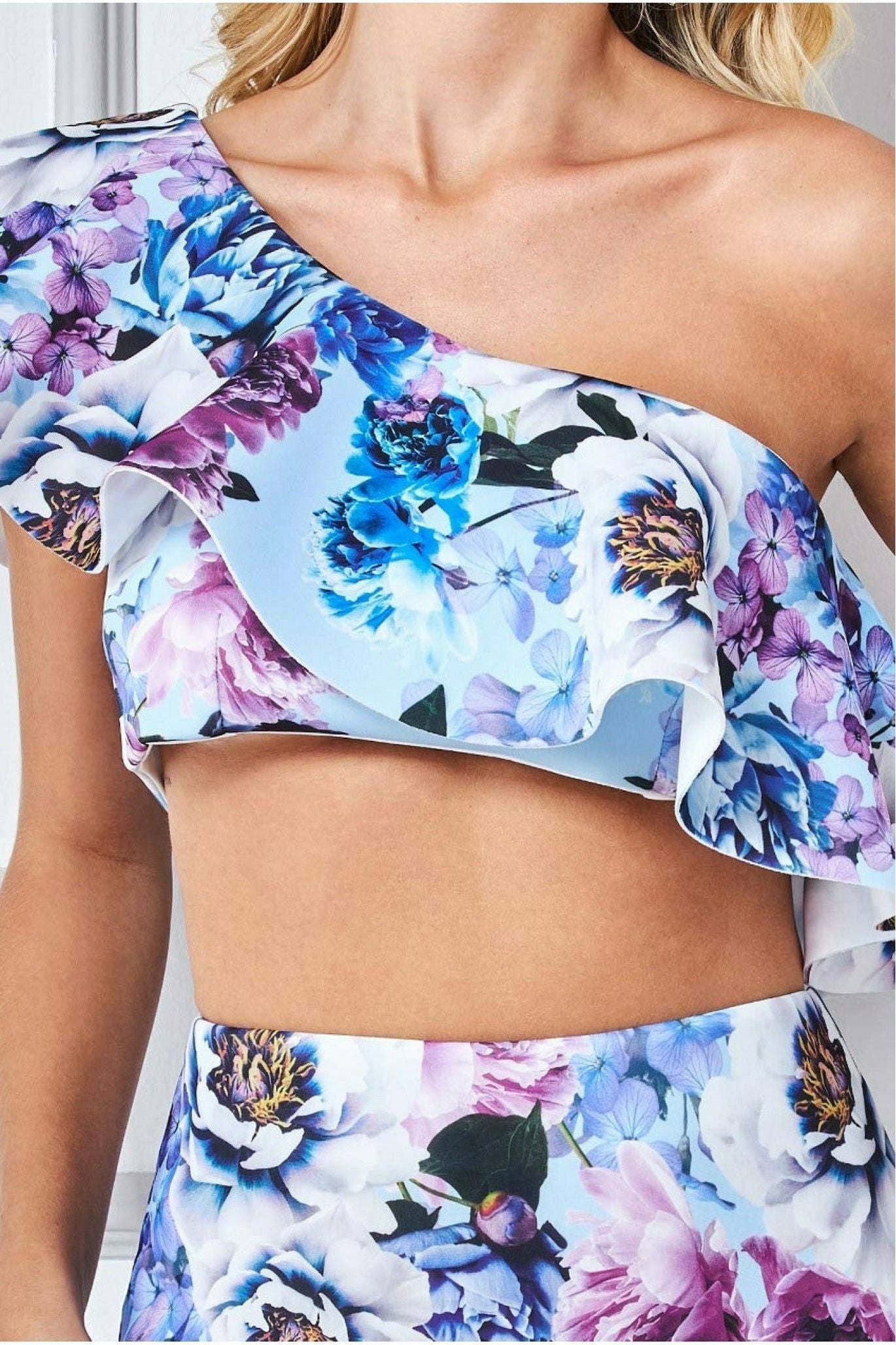 Goddiva One Shoulder Floral Crop Top