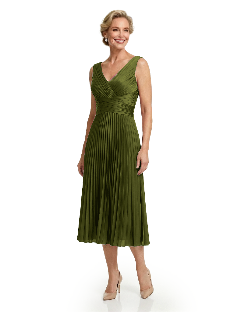 Chicsew Classy Sleeveless V-Neck Pleated Silky Satin Mother Of The Bride Midi Dress - Olive-green
