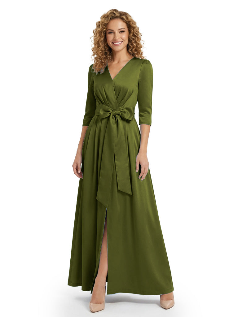 Mother of The Bride Dress V-Neck Half Sleeve Satin Floor-Length Gown with Bow Stylish Classy Wedding Guest Dress - Olive-green