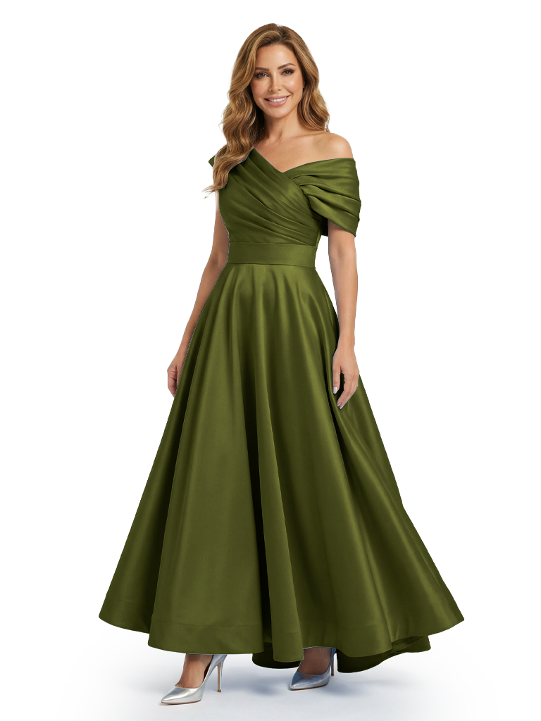 Elegant Asymmetric Straps Satin Mother Of The Groom Dress A-Line Ruched Formal Gown - Olive-green