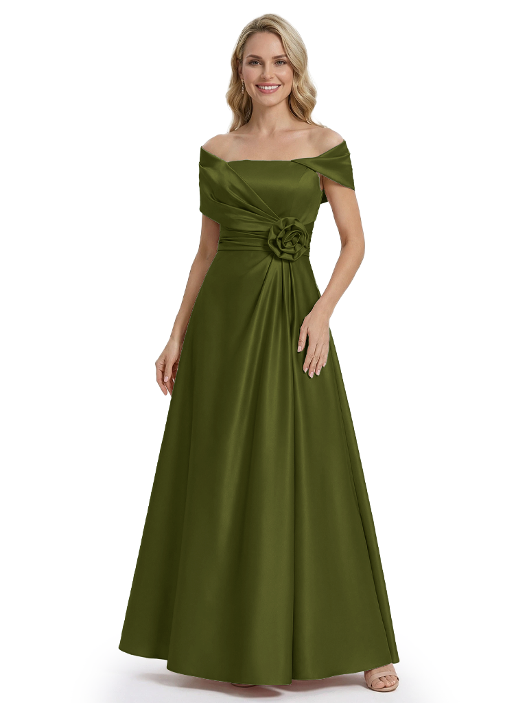 Pretty Off Shoulder Short Sleeve Asymmetric Mother of The Bride Dress Satin A-Line Maxi Gown - Olive-green