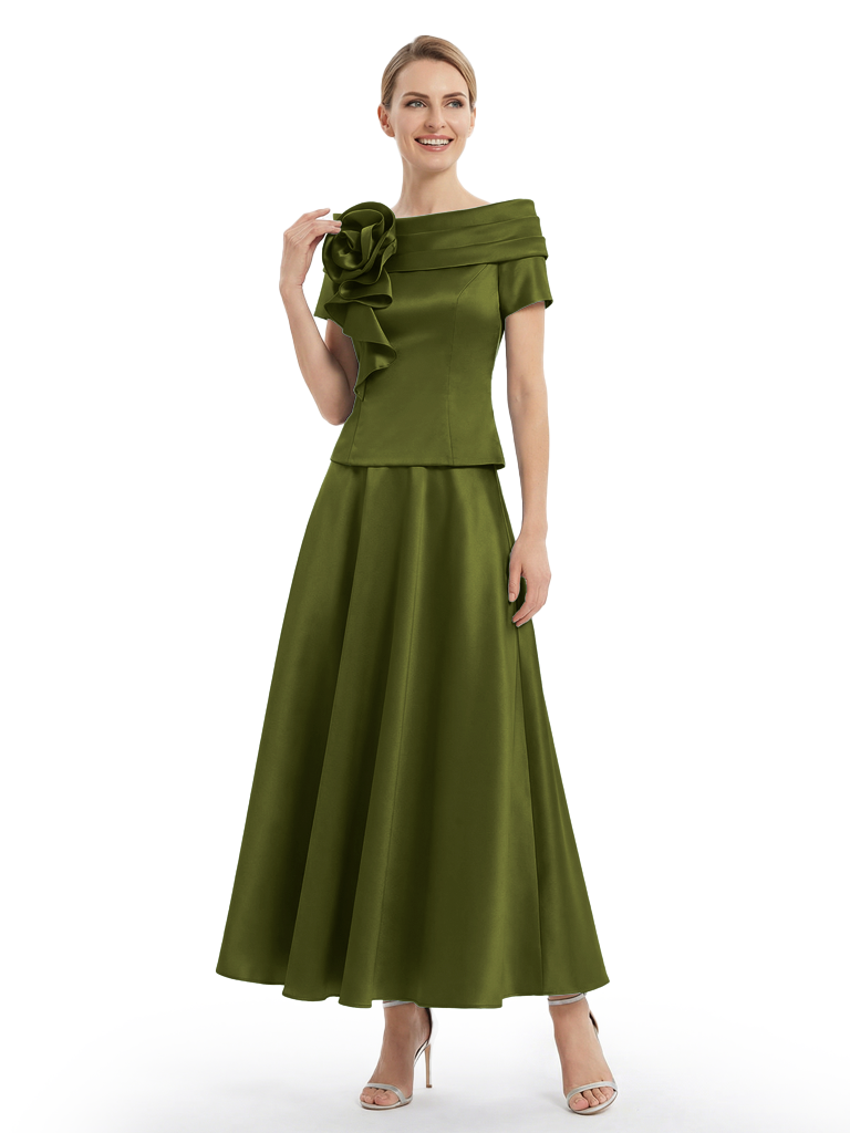 Unique Short Sleeves Off Shoulder A-Line Satin Mother of the Groom Evening Dress - Olive-green