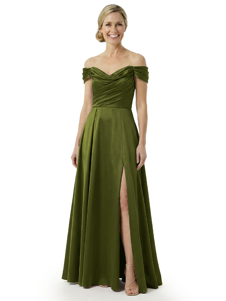 Chicsew Off The Shoulder Ruched Satin Mother Of The Bride Dress A-Line Gown With Side Slit - Olive-green