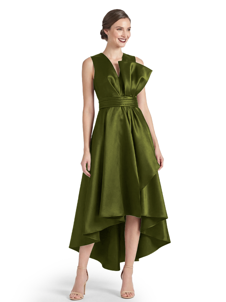 Chicsew Elegant Mother of The Bride Dress V-Neck Satin High-Low A-Line Gown - Olive-green