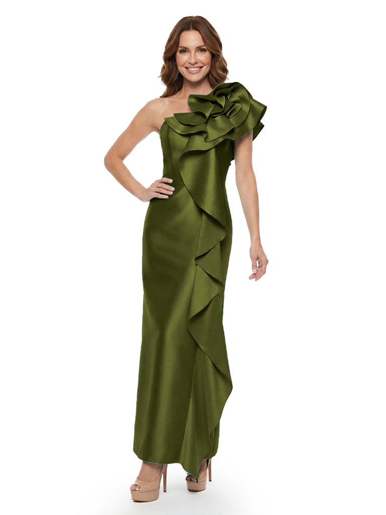 Unique One Shoulder Satin Mother Of The Groom Gown Floral Ruffle Sheath Ankle-Length Dress - Olive-green