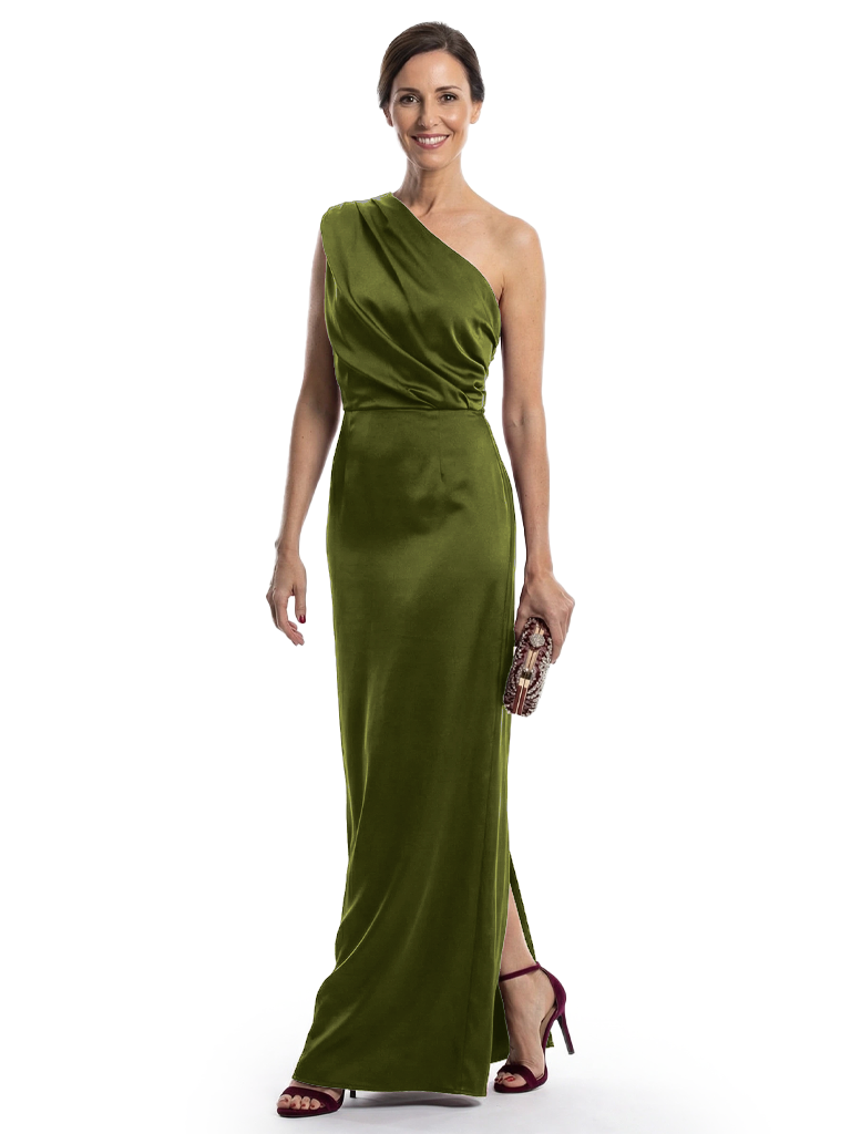 Chicsew Elegant One Shoulder Ruched Mermaid Satin Mother of The Bride Dress - Olive-green