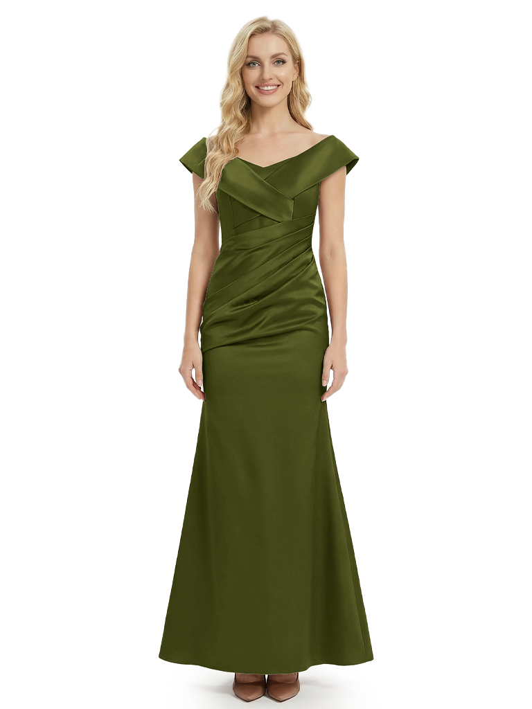 Off The Shoulder Mother Of The Groom Gown Satin Ruched Mermaid Dress - Olive-green