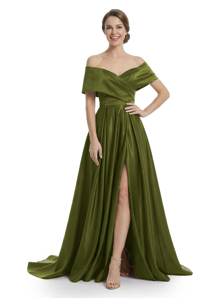 Chicsew Mother of The Groom Dresses Elegant Off the Shoulder Satin Train Gown Slit Fancy Ruched Formal Bridal Party Dress - Olive-green