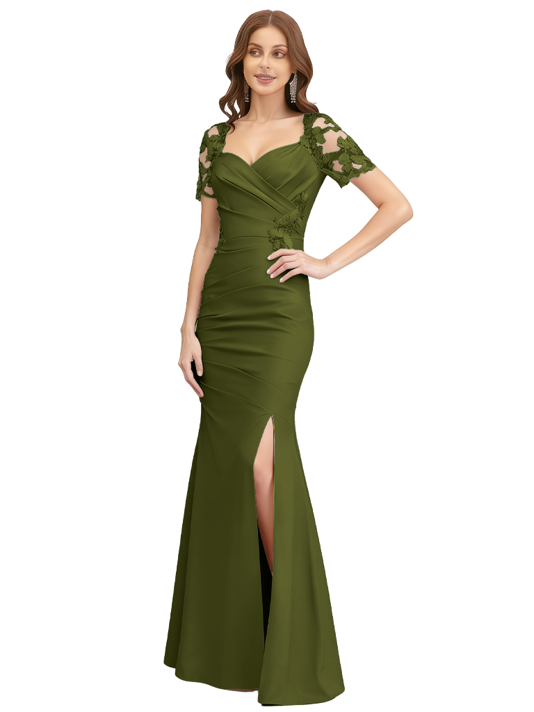 Classy Lace Cap Sleeves V-Neck Mermaid Mother Of The Bride Dress Slit - Olive-green