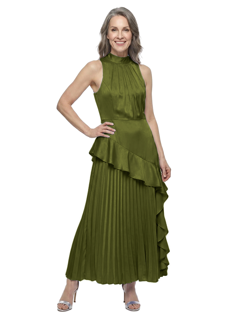 ChicSew High Neck Halter Pleated Satin Ankle Length Mother of the Bride Dress - Olive-green