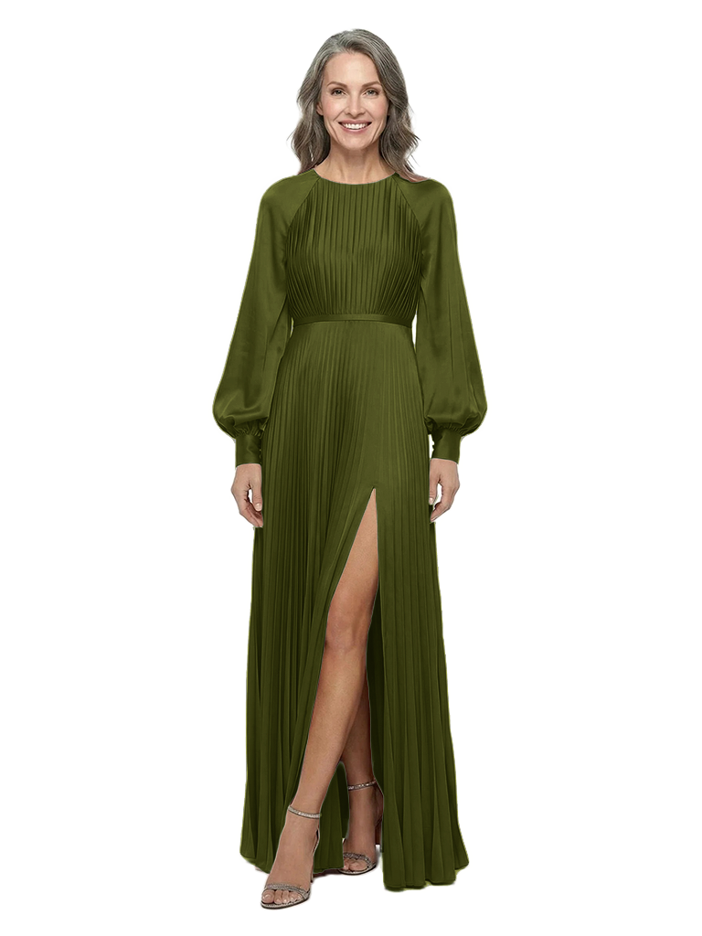 ChicSew Long Sleeve Pleated A-Line Mother Of The Bride Gown Side Slit Satin Evening Dress - Olive-green