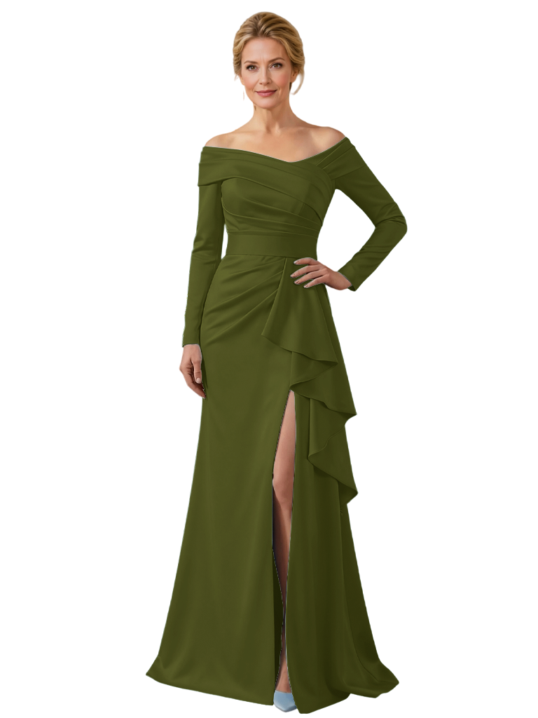 Sexy Off Shoulder Side Slit Long Sleeves A-Line Satin Mother of the Groom Evening Dress - Olive-green