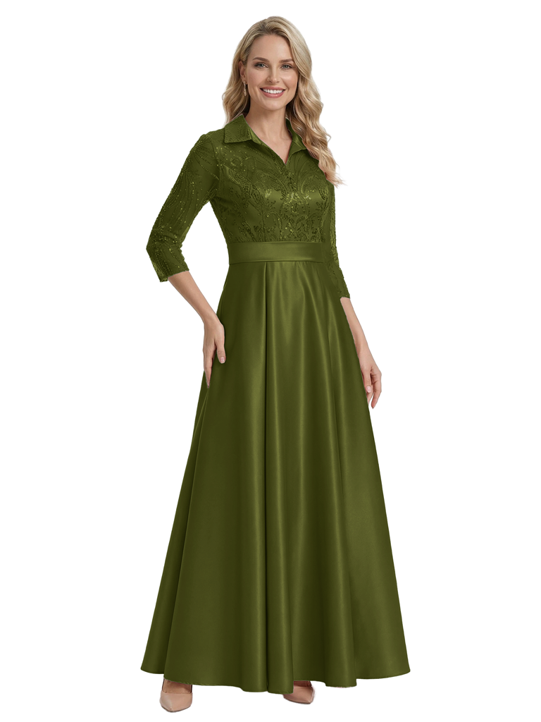 Chic Sleeves Mother Of The Bride Dress Maxi A-Line Satin Gown with Lace - Olive-green