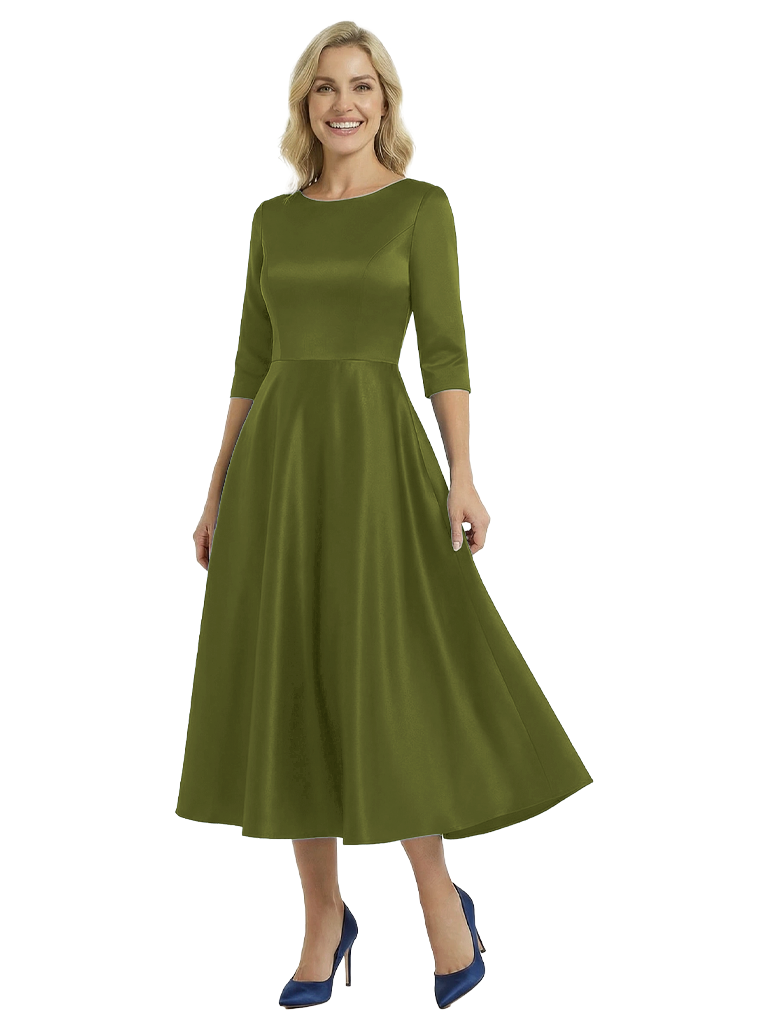 Elegant Scoop Sleeves A-Line Tea-Length Mother Of The Bride Dress - Olive-green