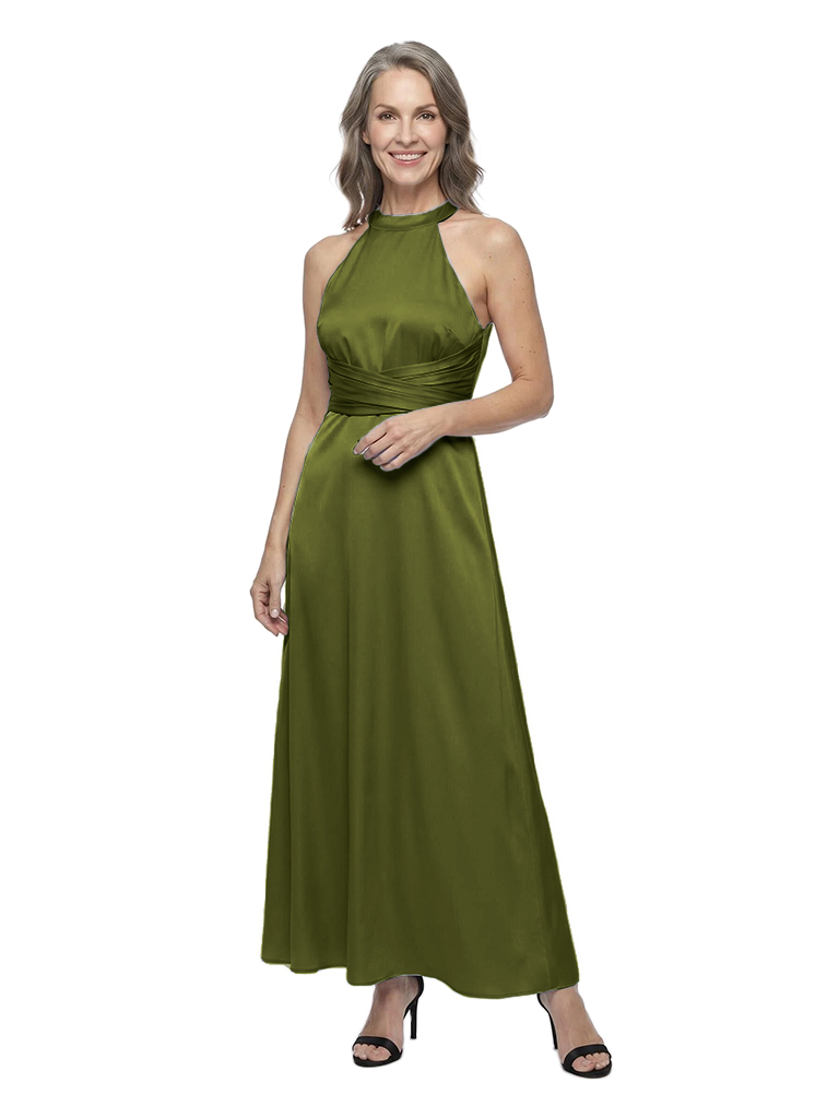 ChicSew Halter Pleated Silky Satin Ankle-Length Classy Mother Of The Groom Dress A-Line Style - Olive-green