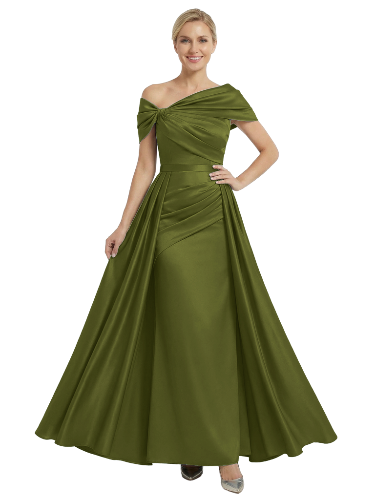 Chicsew Mother of The Bride Dresses Asymmetrical Satin Maxi Gown Unique Ruched Formal Wedding Event Dress - Olive-green