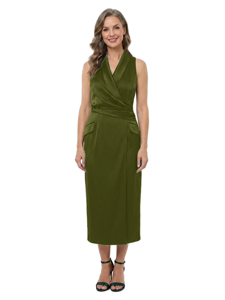 ChicSew V-Neck Sleeveless Satin Wrap Tea Length Sheath Mother of the Bride Dress - Olive-green