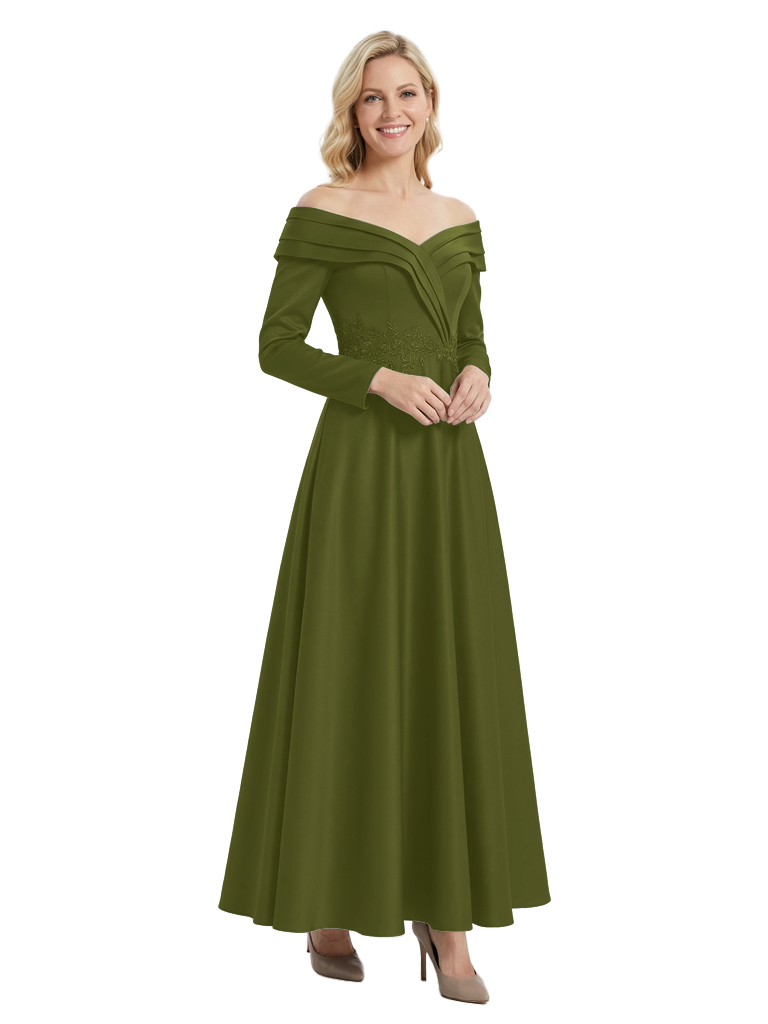 Elegant Long Sleeves Off Shoulder Lace Appliques A-Line Satin Mother of the Groom Evening Dress - Olive-green