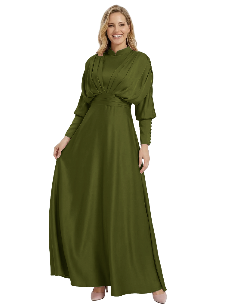 Stand Collar Satin Mother Of The Groom Dress Puff Sleeve Maxi Gown With Ruched Bodice Button Cuffs Waist Sash Luxe Elegant Formal - Olive-green