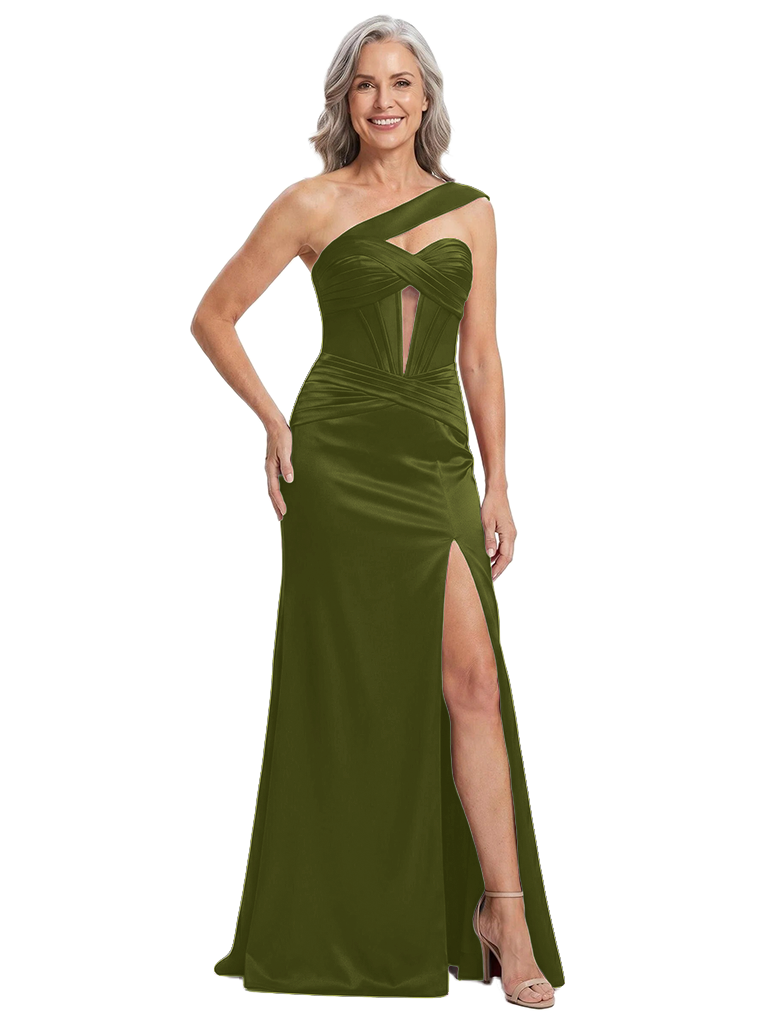 ChicSew One Shoulder Boning Side Slit Ruched Satin Floor-Length Mermaid Mother of the Bride Dress - Olive-green