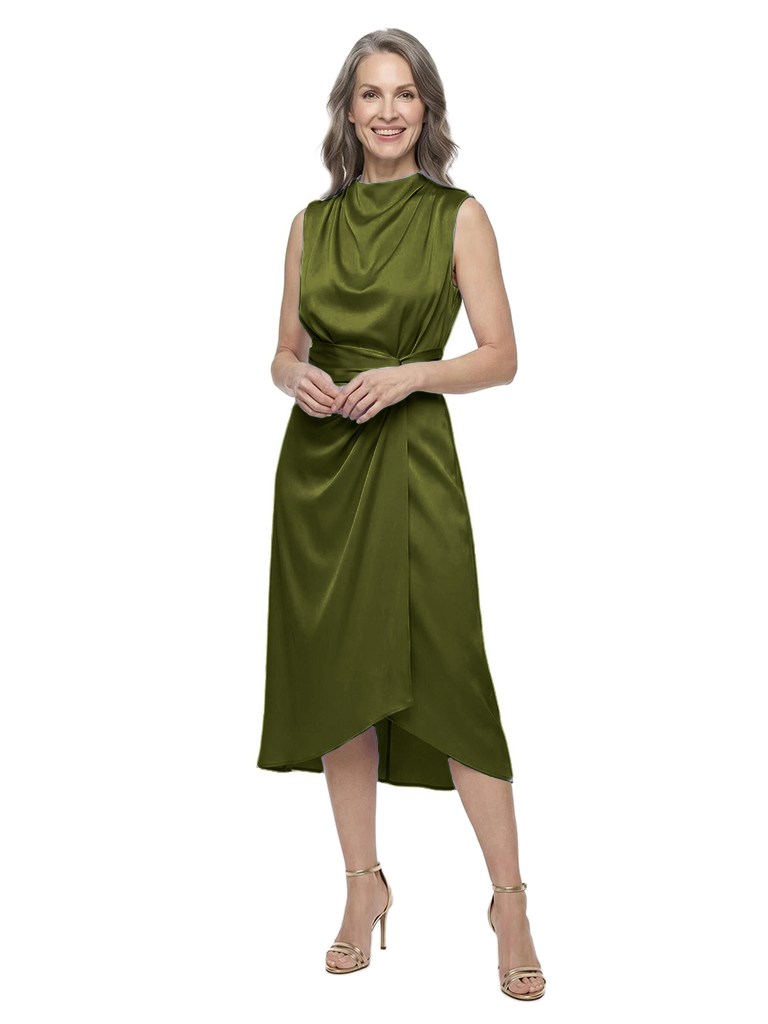 ChicSew High Neck Sleeveless Satin Asymmetrical Wrap Midi Mother of the Bride Dress - Olive-green