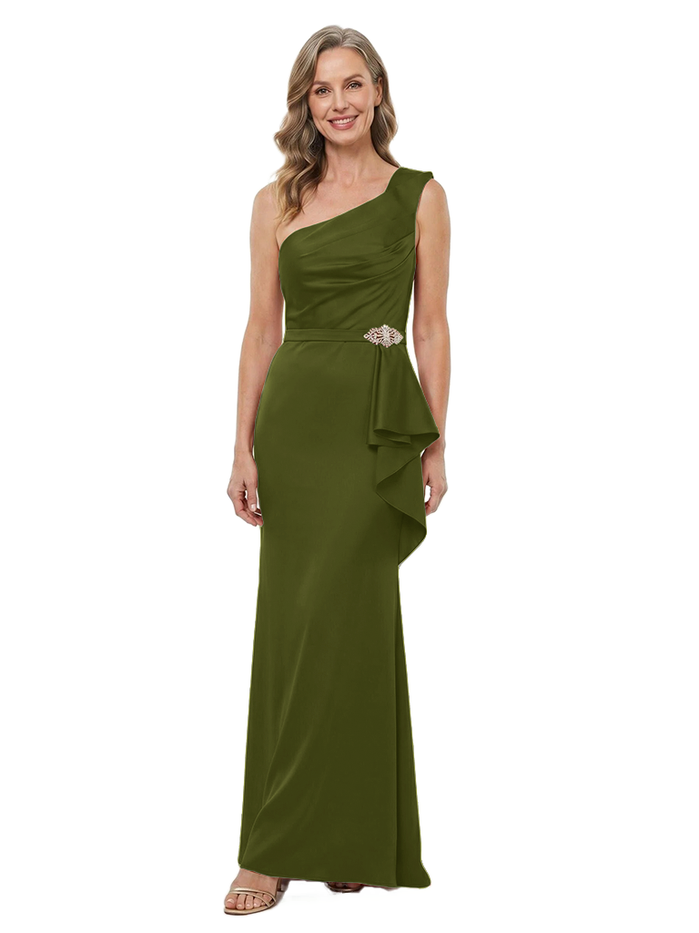 ChicSew One Shoulder Satin Mother Of The Groom Dress Rhinestone Sheath Evening Gown - Olive-green