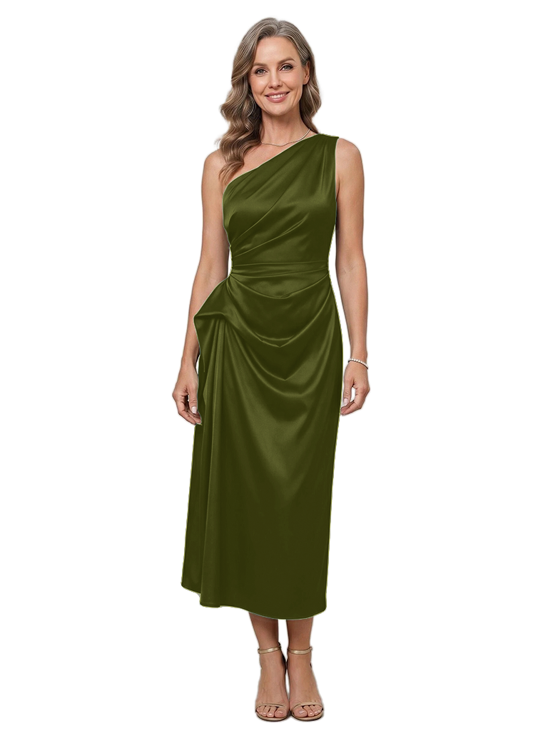 ChicSew Elegant One Shoulder Satin Mother Of The Bride Dress Pleated Bodice Draped Sheath Fit - Olive-green