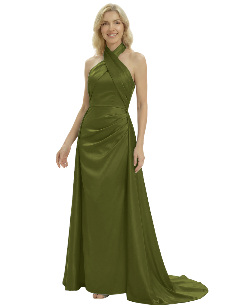 Elegant Cross Halter Neck Satin Mother of The Groom Dress Sleeveless Sheath Maxi Gown - Olive-green