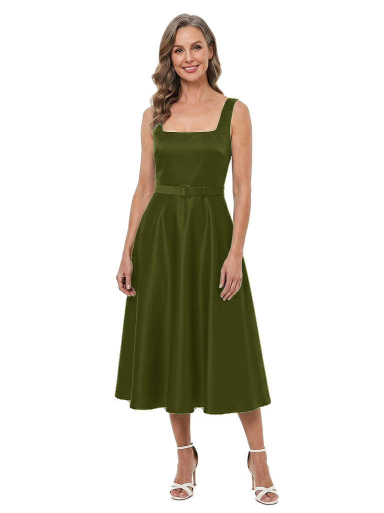 ChicSew Square Sleeveless Belted Satin Midi A-Line Mother of the Bride Dress - Olive-green