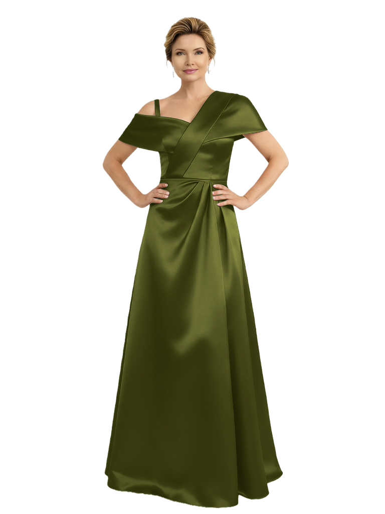 Sexy Asymmetrical Neck A-Line Satin Mother of the Groom Evening Dress - Olive-green