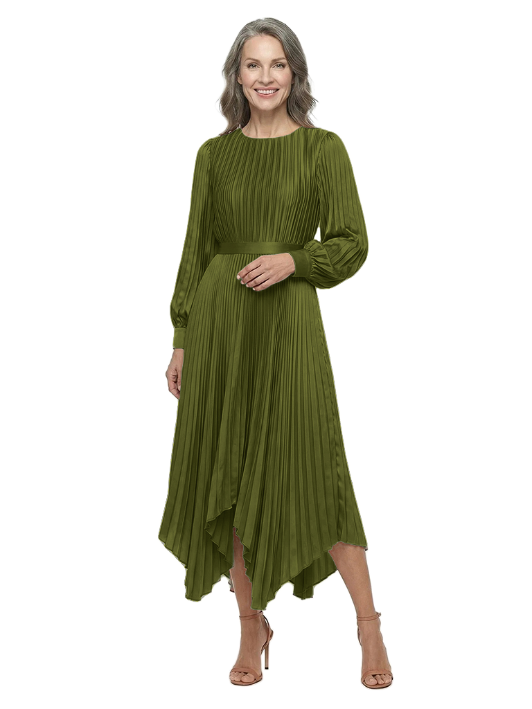 ChicSew Stylish Jewel Pleated Satin A-Line Mother Of The Groom Dress Asymmetrical Hem Long Sleeve Midi Gown - Olive-green