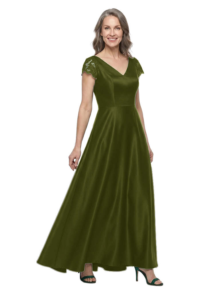ChicSew V-Neck Short Sleeve Lace Applique Satin Floor Length A-Line Mother of the Bride Dress - Olive-green