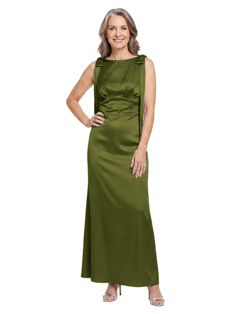 ChicSew Jewel Sleeveless Bow Shoulder Silky Satin Sheath Elegant Sheath Mother Of The Groom Wedding Dress - Olive-green